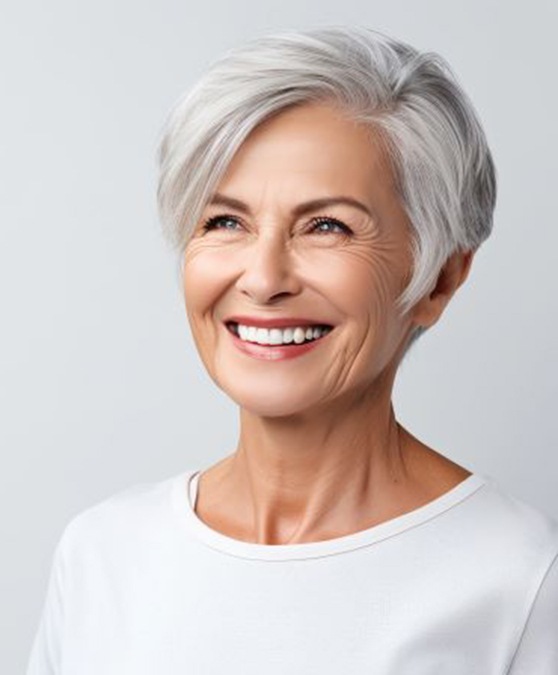 Smiling senior woman with nice teeth standing against neutral background